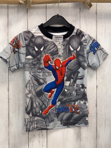   T-Shirt  Gr. 122/128  hellgrau grau bunter Druck Spiderman schwarzer Bund 