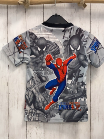   T-Shirt  Gr. 122/128  hellgrau grau bunter Druck Spiderman schwarzer Bund 