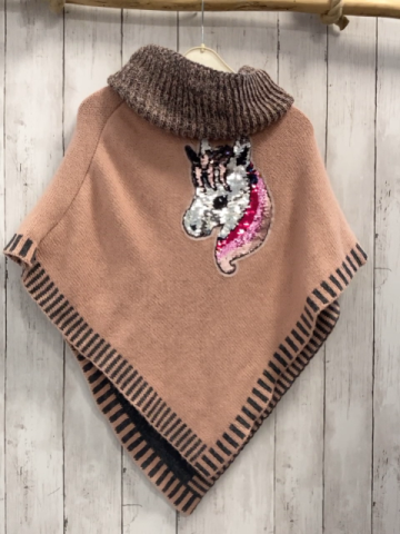   Poncho  Gr. 128  lachs grau Strick großer Kragen Pailetteneinhornkopf 