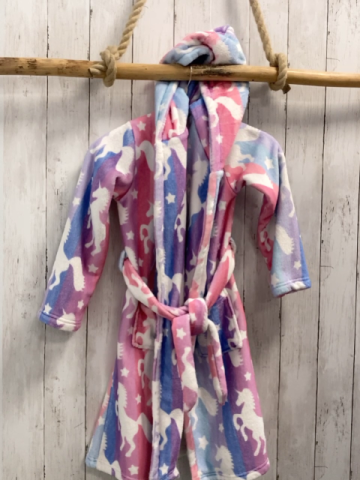   Bademantel  Gr. 134/140   weiß hellblau rot lavendel Streifen mit weißen Bildern 
