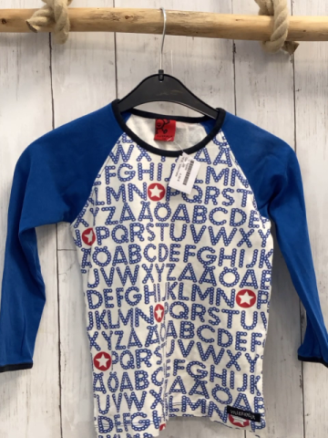 VillerValla  Langarmshirt  Gr. 110  weiß blau mit Schrift schwarzer Bund