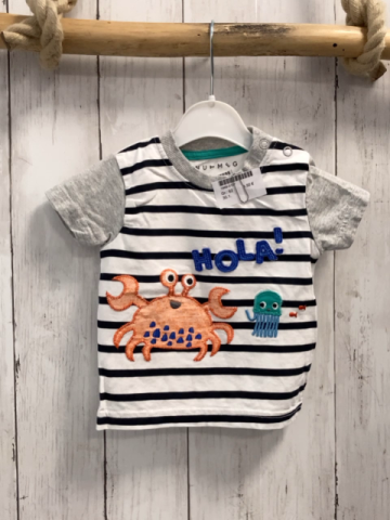   T-Shirt  Gr. 62  weiß schwarze Streifen graue Ärmel Krabbe Qualle Schrift 