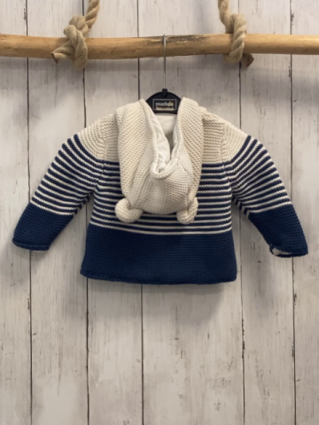M&S  Strickjacke  Gr. 68  weiß + blau weiße Steifen + blau Strick Kapuze mit Ohren 