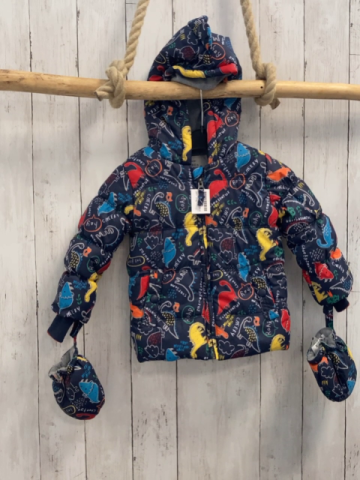 2 tlg  Winterjacke + Handschuhe  Gr. 92  dunkelblau bunte Dinos Schrift Kapuze blaues Fleecefutter 