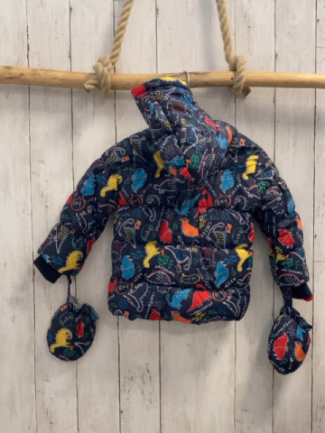 2 tlg  Winterjacke + Handschuhe  Gr. 92  dunkelblau bunte Dinos Schrift Kapuze blaues Fleecefutter 