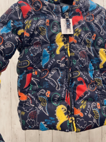 2 tlg  Winterjacke + Handschuhe  Gr. 92  dunkelblau bunte Dinos Schrift Kapuze blaues Fleecefutter 