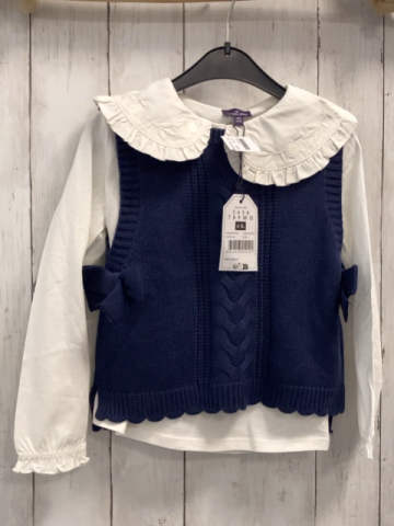 2tlg neu Sergent Major  Langarmshirt + Pullunder  Gr. 116  weiß großer Kragen mit Rüschensaum + blau Strick mit Zöpfen 