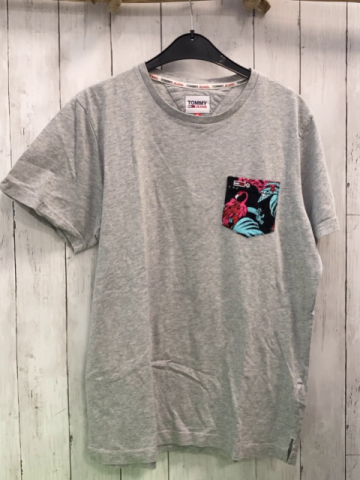 Tommy Hilfiger  T-Shirt  Gr. 164/170  grau schwarze Brusttasche mit pink Flamingoe hellblauen Blättern
