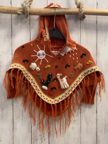  Poncho Gr. 86  orange Fransen Tiere Strick