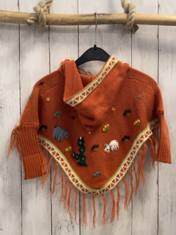  Poncho Gr. 86  orange Fransen Tiere Strick