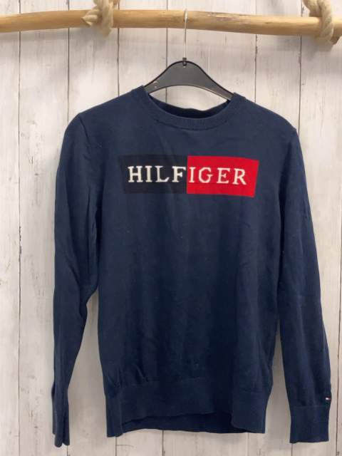 Tommy Hilfiger  Pullover  Gr. 152  blau Strick Balken mit weßer Schrift 