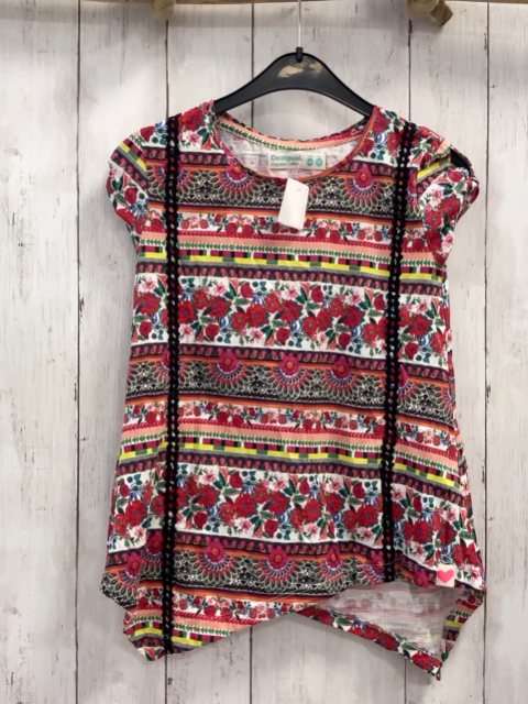 Desigual  T-Shirt  Gr. 146  bunte Streifen mit Blumen Karos schwarze Borte 
