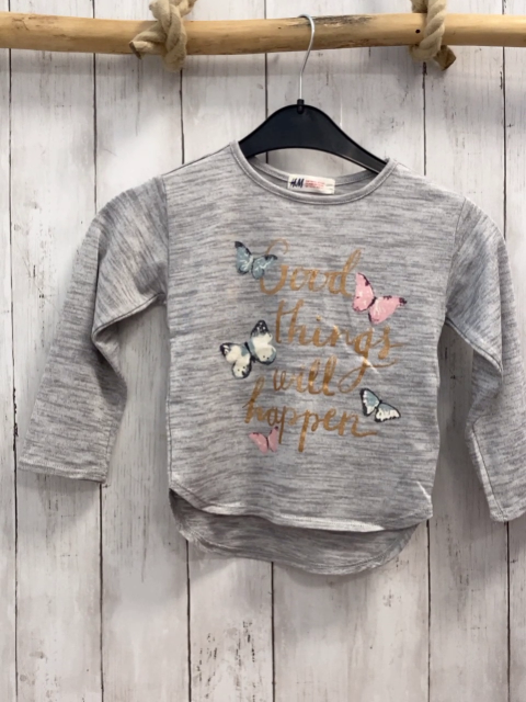H&M  Pullover  Gr. 110  hellgrau Strick Schmetterlinge goldene Glitzerschrift 