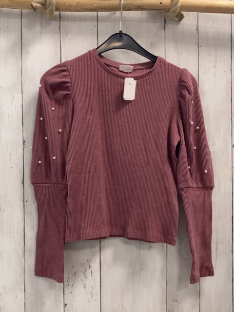 Zara  Pullover  Gr. 134  altrosa Rippen weiße Perlen 
