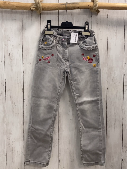   Hose  Gr. 116  grau Jeans gestickte Blumen Borte 