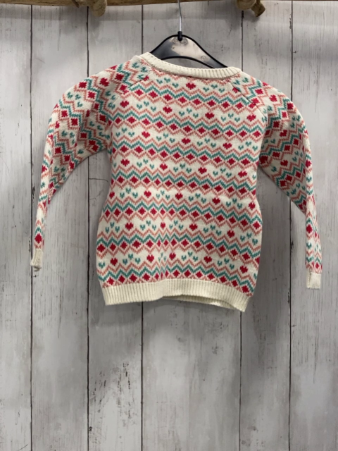 Alana  Pullover  Gr. 104  weiß + türkis rosa Zackenstreifen rote Rauten + Herzen 