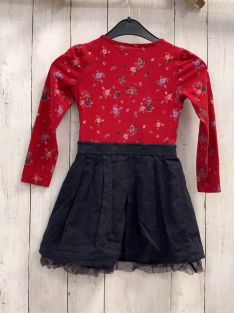 S´Oliver  Kleid  Gr. 104  rotes Oberteil mit Blumen schwarzer Rock mit Spitzensaum 