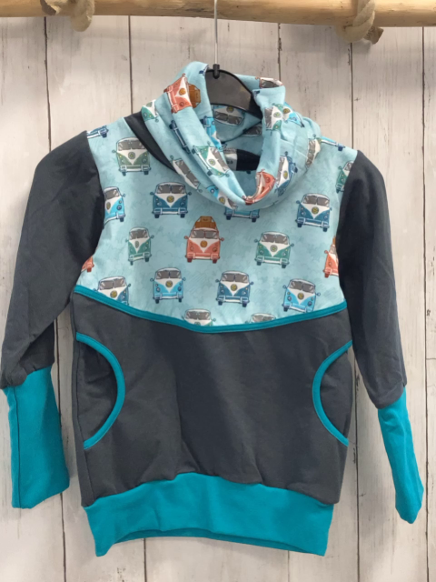 neu Babauba  Pullover  Gr. 110  grau hellblau mit VW-Bussen großer Kragen türkis Ärmel + Bund 