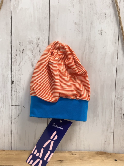 neu Babauba  Hut  Gr. 74/80  orange weiße Streifen blauer Bund 