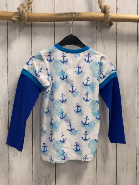 Babauba  Langarmshirt Gr. 104  weiß Ankel blaue Ärmel türkis Bund
