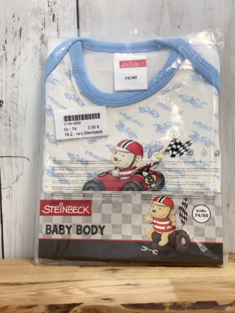 neu Steinbeck  Body Gr. 74  weiß hellblau + bunter Druck Rannauto 