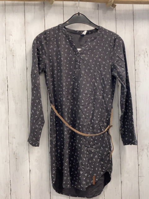  Kleid Gr. 146  grau weiße Herzen brauner geflochtener Gürtel