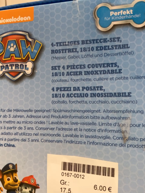   Kinderbesteck   Paw Patrol im Karton 