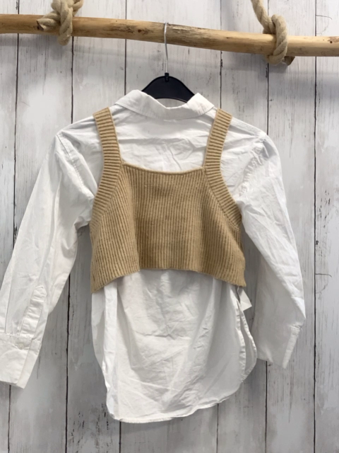 2tlg  Bluse + Pullunder  Gr. 128  weiß + beige Strick
