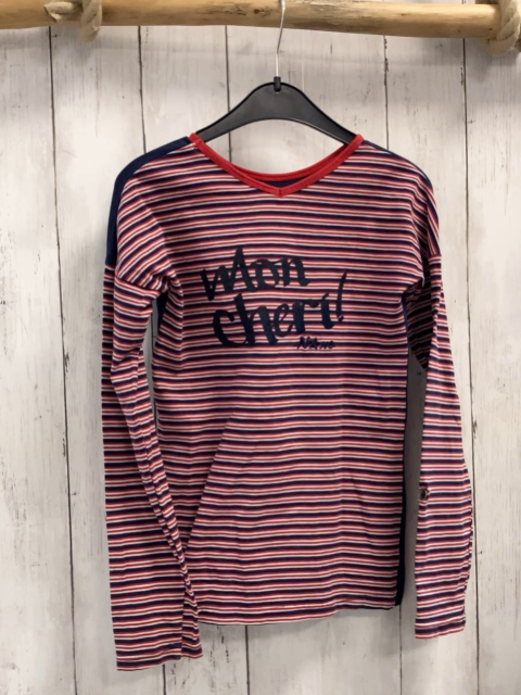 No No  Langarmshirt  Gr. 134/140  blau Pailettenschrift + -Stern rot blau weiß gestreifte Ämel 