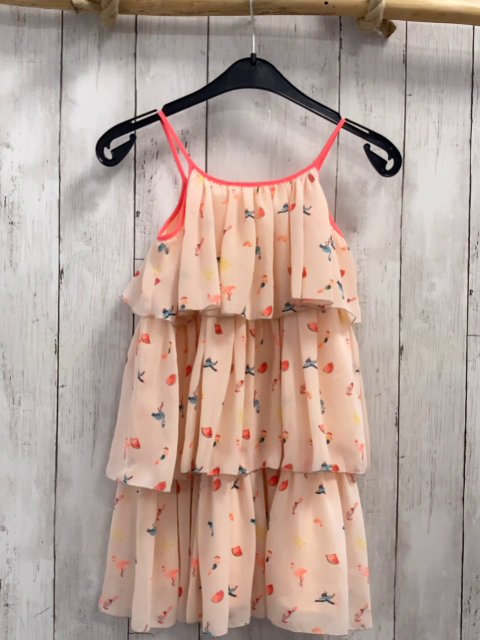 H&M  Kleid  Gr. 116  lachs Rüschen Flamingos Früchte hellroter Bund 2