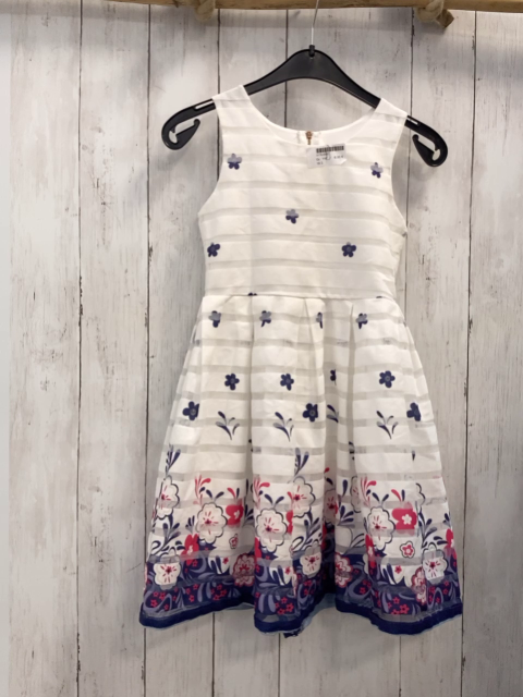  Kleid  Gr. 116  weiß mit transparenten + blaue Streifen bunte Blumen 