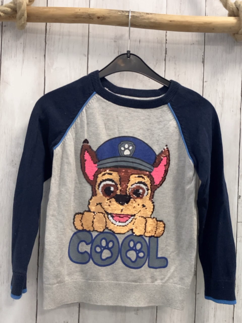 Paw Patrol  Pullover  Gr. 122  grau Chase mit Pailettenkopf blaue Ärmel mit hellblauem Bund 