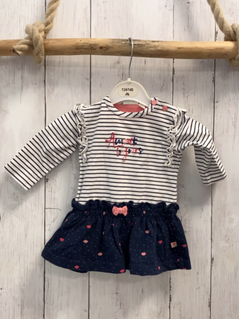 Feetje  Kleid  Gr. 62  weißgraue Streifen Schrift blauer Rock mit Schleife Mündern weißen Punkten