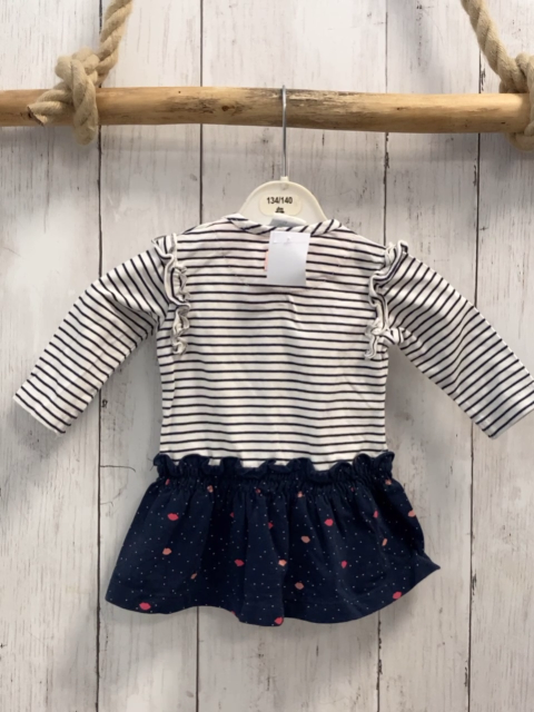 Feetje  Kleid  Gr. 62  weißgraue Streifen Schrift blauer Rock mit Schleife Mündern weißen Punkten