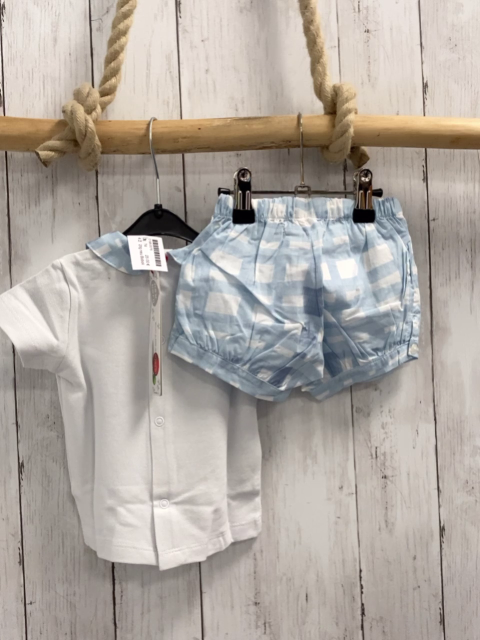 2tlg neu Boboli T-Shirt + Shorts Gr. 74  weiß  Fische blau weiß karieter Kragen + blau weiß kariert