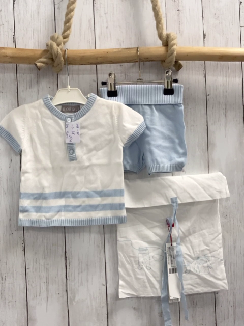 3tlg neu Boboli T-Shirt + Shorts + Stoffbeutel Gr. 68  weiß blauer Bund Strick + hellblau + weiß blaue Bänder