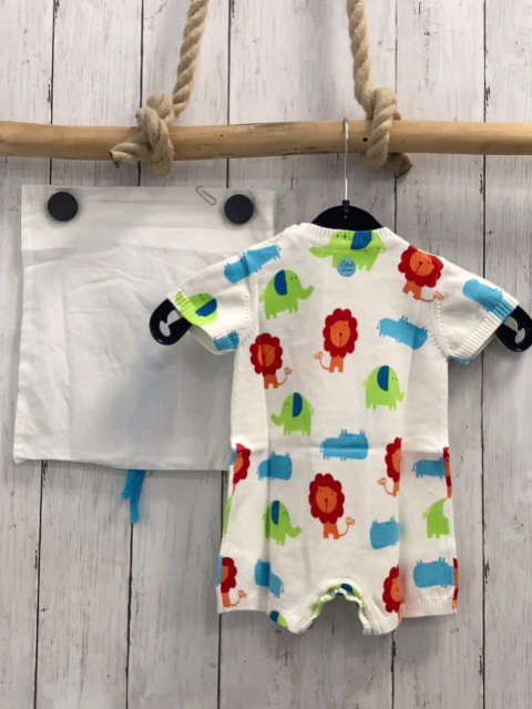 Boboli neu 2tlg Playsuit + Stoffbeutel Gr. 62  weiß bunte Tiere Strick