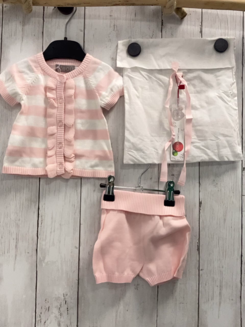 Boboli neu 3tlg kurzärmlige Strickjacke + Shorts + Stoffbeutel Gr. 62  rosa weiß gestreift Strick + rosa