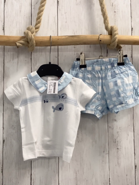 Boboli neu 2tlg T-Shirt + Shorts  Gr. 80  weiß Fische blau weiß karierter Kragen + blau weiß kariert