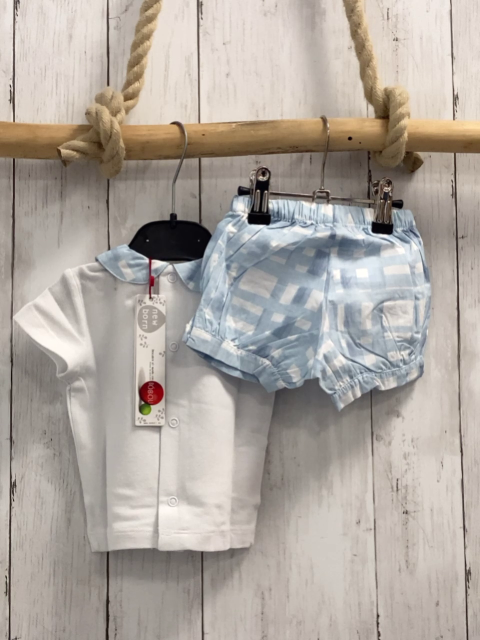 Boboli neu 2tlg T-Shirt + Shorts  Gr. 80  weiß Fische blau weiß karierter Kragen + blau weiß kariert