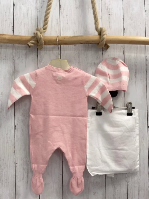 Boboli neu 3tlg Strampler + Mütze + Stoffbeutel Gr. 62  rosa weiß gestreift Stern Strick