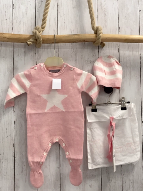 Boboli neu 3tlg Strampler + Mütze + Stoffbeutel Gr. 56  rosa weiß gestreift Stern Strick