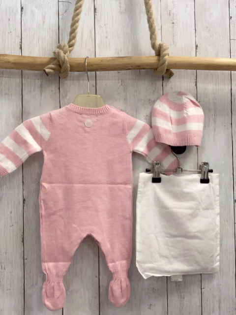Boboli neu 3tlg Strampler + Mütze + Stoffbeutel Gr. 56  rosa weiß gestreift Stern Strick