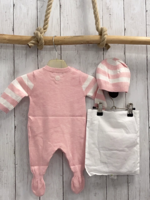 Boboli neu 3tlg Strampler + Mütze + Stoffbeutel Gr. 56  rosa weiß gestreift Stern Strick