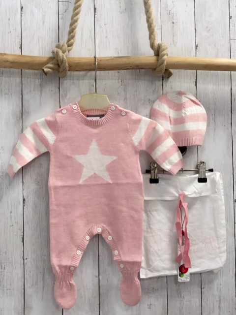 Boboli neu 3tlg Strampler + Mütze + Stoffbeutel Gr. 56  rosa weiß gestreift Stern Strick