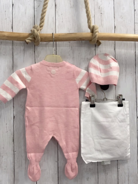 Boboli neu 3tlg Strampler + Mütze + Stoffbeutel Gr. 56  rosa weiß gestreift Stern Strick