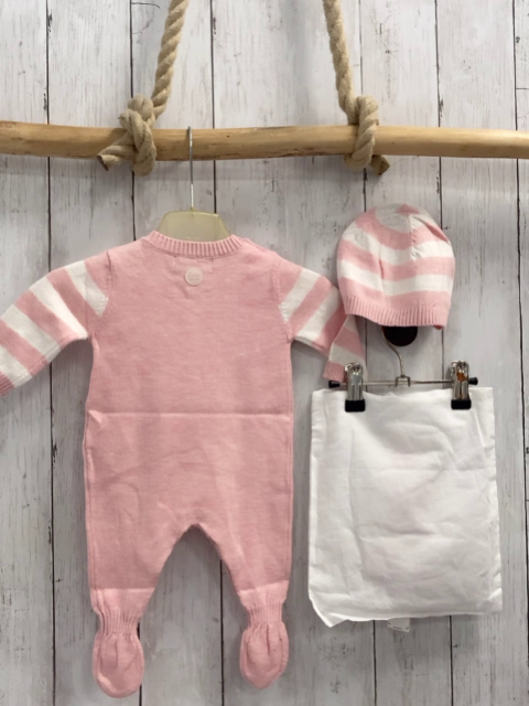 Boboli neu 3tlg Strampler + Mütze + Stoffbeutel Gr. 56  rosa weiß gestreift Stern Strick