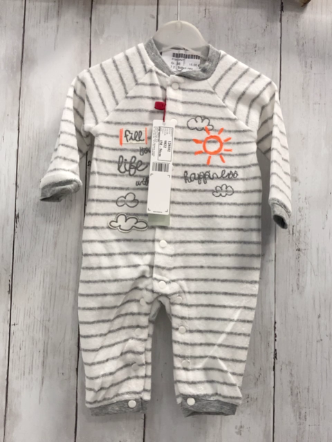 Boboli neu Strampler Gr. 74  weiß graue Streifen Schrift Frottee