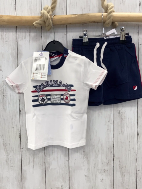 chicco neu 2tlg T-Shirt + Shorts Gr. 62  weiß blaue Streifen + Bund + blau weiße Kordel roter Streifen