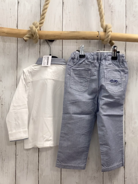 Chicco neu 2tlg Langarmshirt + Hose Gr. 80  weiß blauer Kragen + blau meliert Bund verstellbar